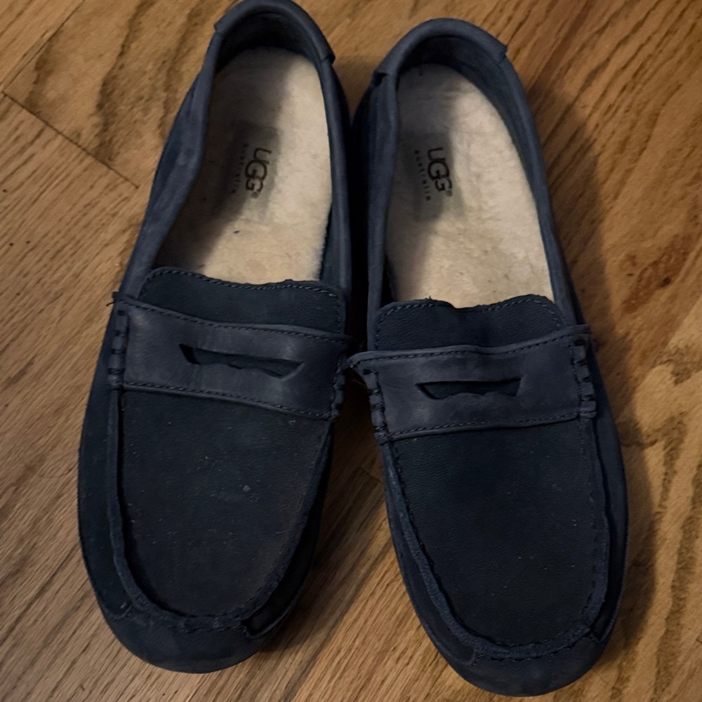 UGG Navy Suede Penny Loafers with Shearling Lining